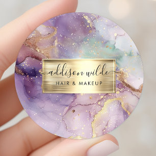 Sticker Rond Papier Aquarelle Pailleté Lilas Feuille de Faux Or