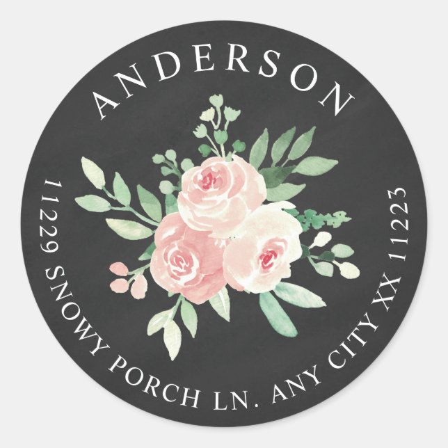 Sticker Rond Papier Ardoise Fleurs Rose Blush adresse de retour (Devant)