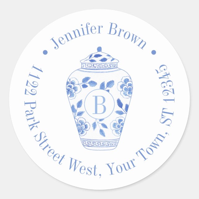 Sticker Rond Papier Chinoiserie Chic Monogramme Initial Adresse (Devant)