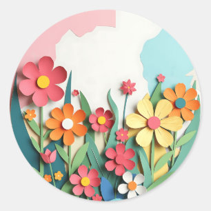 Sticker Rond Papier Collage Jardin Fleur