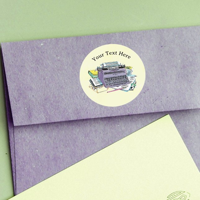 Sticker Rond Papier de machine à écrire manuelle violet sur fon (Purple manual typewriter books pens paper for writers on yellow stickers.)