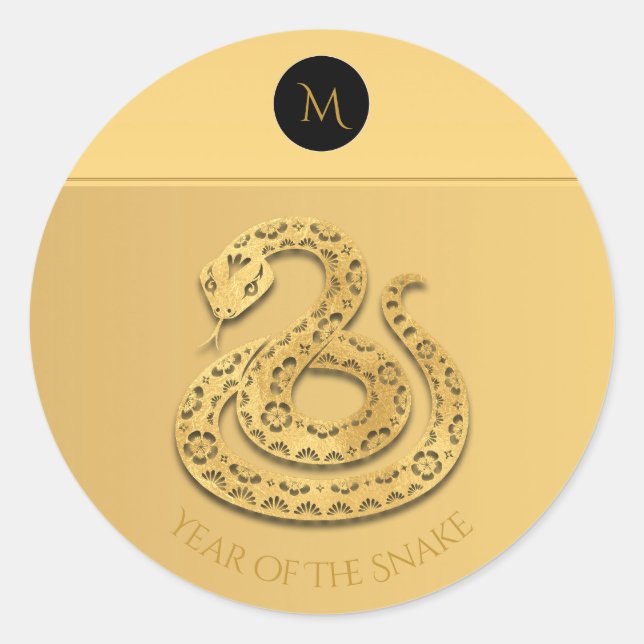 Sticker Rond Papier de serpent chinois or Monogramme Anniversai (Devant)
