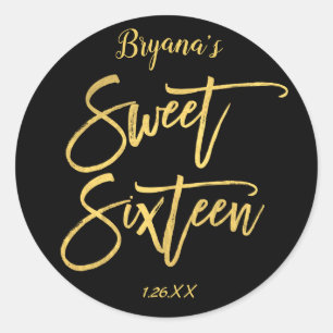 Sticker Rond Papier Doré Sweet 16 Seize Écriture Moderne Fête