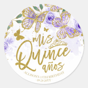 Sticker Rond Papier Favori Fête Quinceañera Papillon Violet Flo