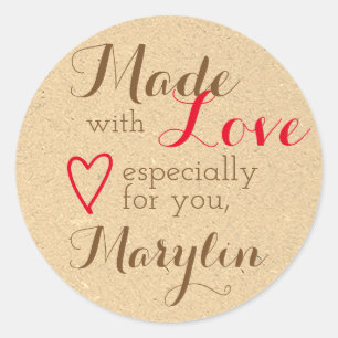 Sticker Rond Papier Kraft Brown Rouge simple fait avec coeur d'