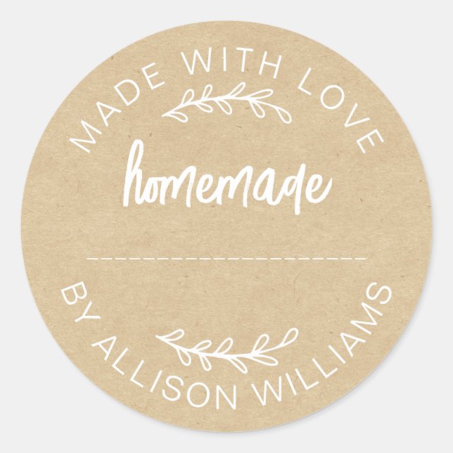 Sticker Rond Papier Kraft Fabriqué Avec Amour Pot de Nourriture (Devant)