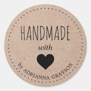 Sticker Rond Papier Kraft Fait Main Avec Amour Coeur