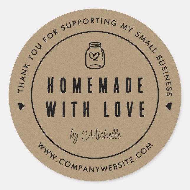 Sticker Rond Papier Kraft fait maison avec Merci d'amour (Devant)