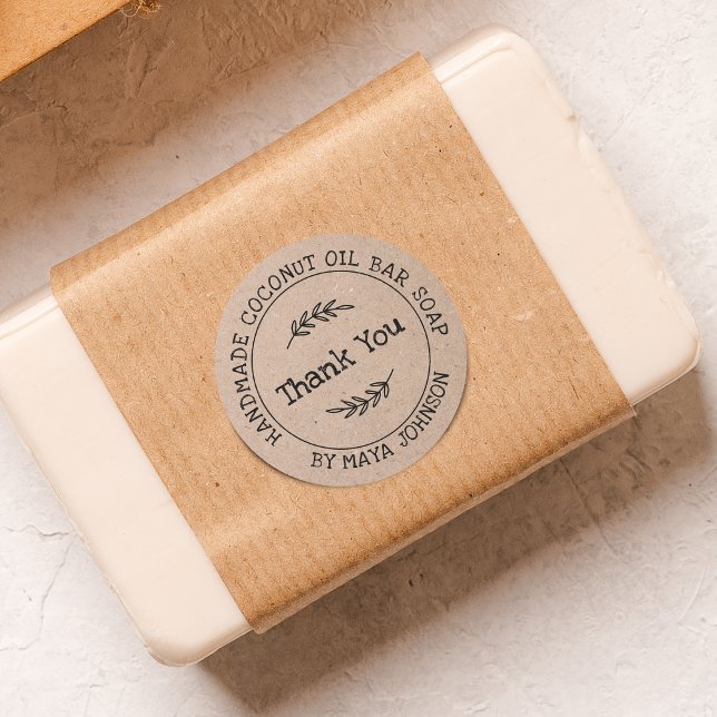 Sticker Rond Papier Kraft Rustique Merci Fabriqué à la Main (Rustic Kraft Paper Handmade Thank You Classic Round Sticker)