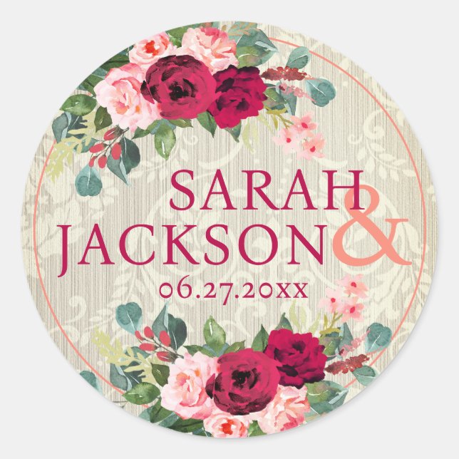 Sticker Rond Papier peint vintage et mariage Rose (Devant)