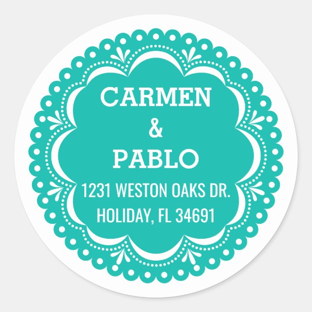 Sticker Rond Papier Picado Colorful Mariage mexicain Adresse (Devant)