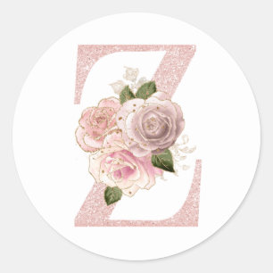 Sticker Rond Papier rose pâle girly pailleté floral monogramme