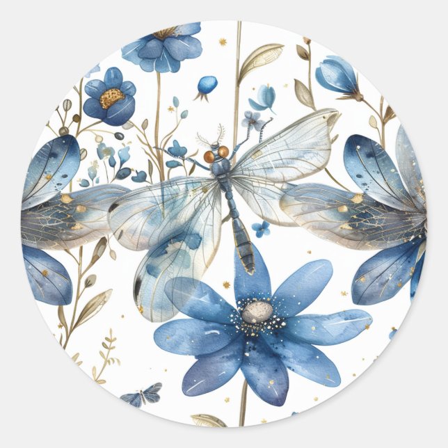 Sticker Rond Papier timbré enveloppe dragonfly floral bleu (Devant)