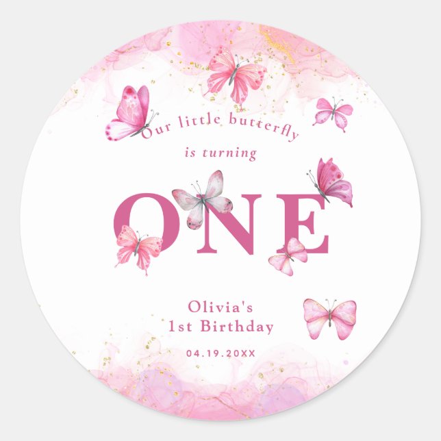 Sticker Rond Papillon 1er anniversaire bébé fille rose or pouss (Devant)