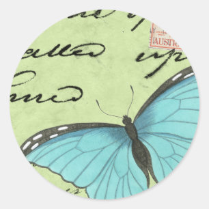 Sticker Rond Papillon à ailes bleues sur carte postale Turquois