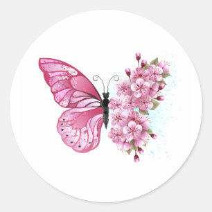 Sticker Rond Papillon à fleurs avec Sakura rose