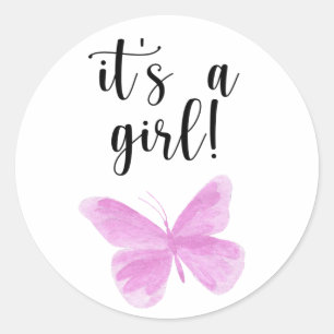 Sticker Rond Papillon Aquarelle C'est une fille Baby Shower