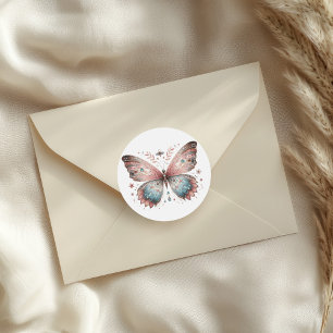 Sticker Rond Papillon aquarelle rose et bleu Boho