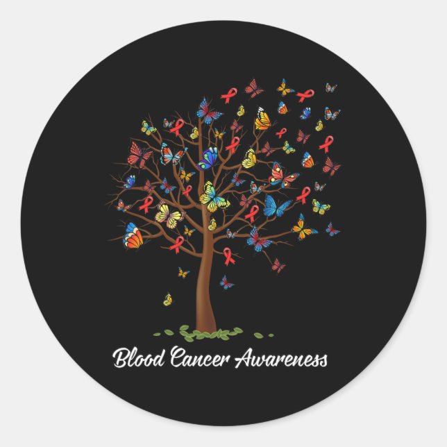 Sticker Rond Papillon Arbre Beau Rouge Ruban Cancer du Sang A (Devant)