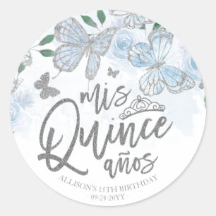 Sticker Rond Papillon Argent Bleu Poussiéreux Quinceanera
