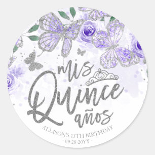 Sticker Rond Papillon Argent Violet Quinceanera