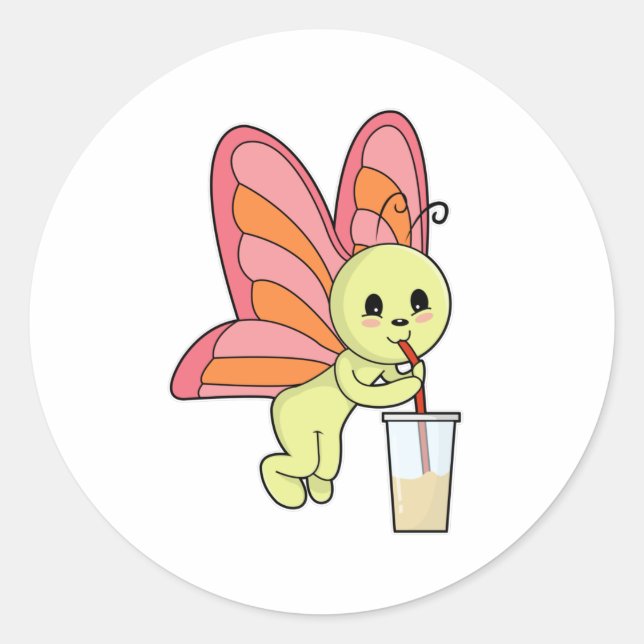 Sticker Rond Papillon avec Boire et Boire paille (Devant)