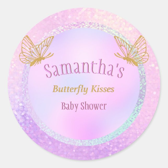 Sticker Rond Papillon blanc rose et or baby shower (Devant)