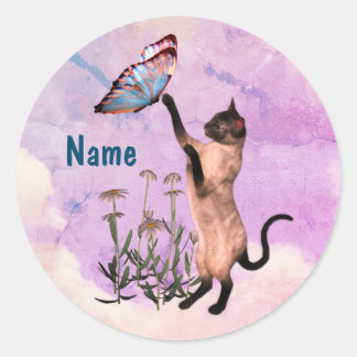 Sticker Rond Papillon bleu chat siamois mou Personnalisé