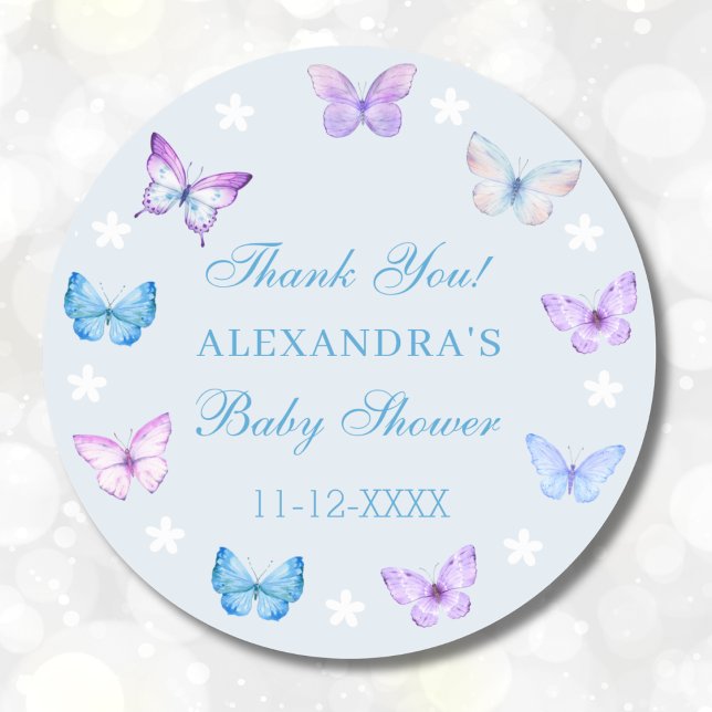 Sticker Rond Papillon bleu Dusty Boho Baby shower Merci (Créateur téléchargé)