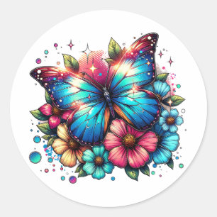 Sticker Rond Papillon bleu et fleurs