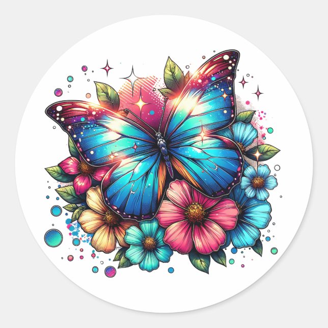 Sticker Rond Papillon bleu et fleurs (Devant)