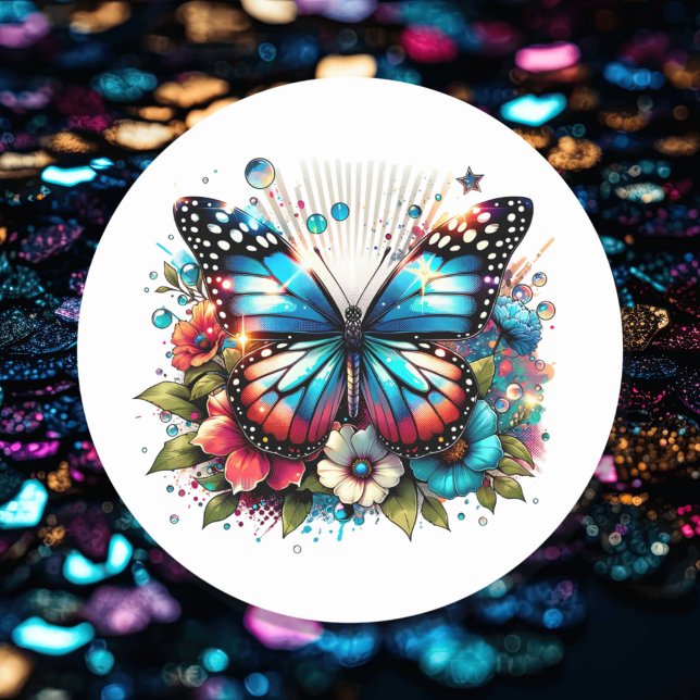 Sticker Rond Papillon bleu et fleurs (Créateur téléchargé)