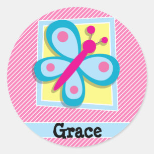 Sticker Rond Papillon bleu sur bandes rose et blanche