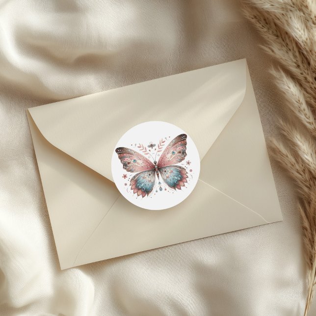 Sticker Rond Papillon Boho rose et bleu aquarelle (Boho Pink & Blue Watercolor Butterfly Classic Round Sticker on an elegant envelope.)