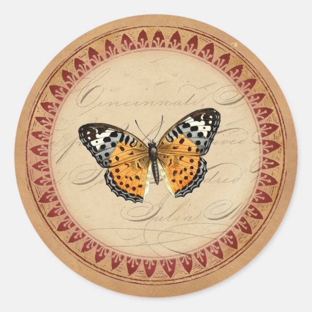 Sticker Rond Papillon botanique vintage (Devant)