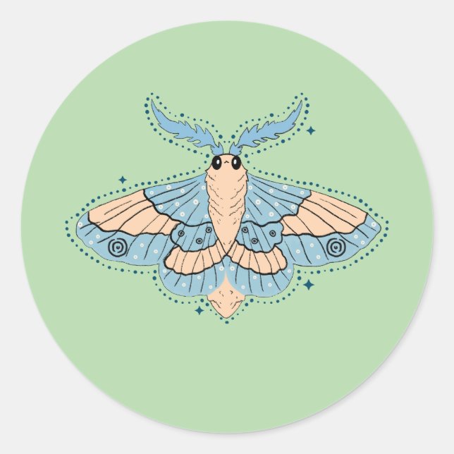 Sticker Rond Papillon Céleste Fantaisiste — Bleu Douce et Pêche (Devant)