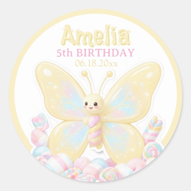Sticker Rond Papillon Cercle Anniversaire Citron Jaune Mignon (Devant)