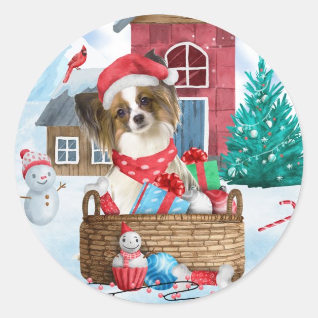 Sticker Rond Papillon Chien Dans Maison de Noël enneigée  (Devant)