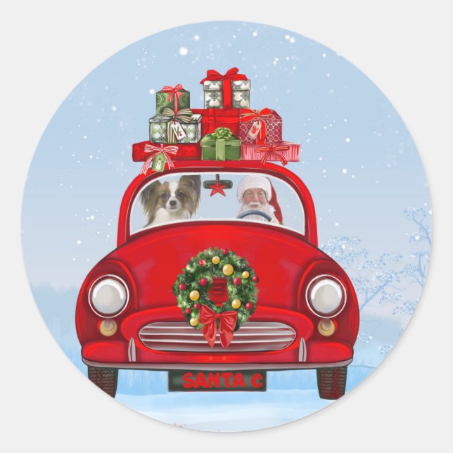 Sticker Rond Papillon Chien En Voiture Avec Le Père Noël (Devant)
