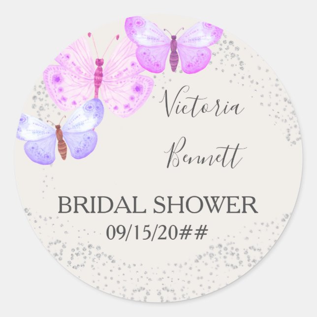Sticker Rond Papillon Ciel rose Argent Confetti Favoriser Stick (Devant)
