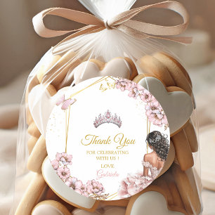 Sticker Rond Papillon Couronne Dorée Rose Quinceañera