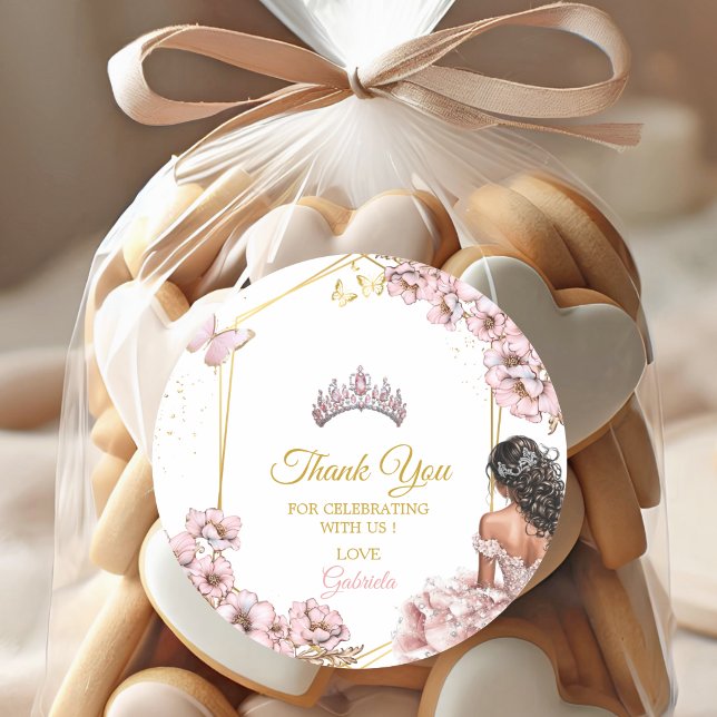 Sticker Rond Papillon Couronne Dorée Rose Quinceañera (Créateur téléchargé)