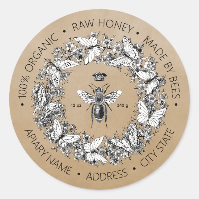 Sticker Rond Papillon d'abeille Vintage moderne Wreath Honey (Devant)