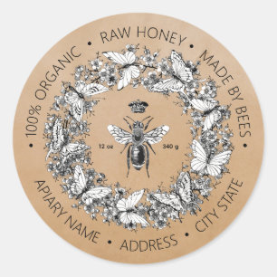 Sticker Rond Papillon d'abeille Vintage moderne Wreath Honey