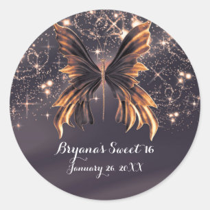 Sticker Rond Papillon de fantaisie scintillant or