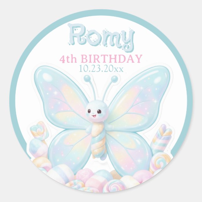 Sticker Rond Papillon de fête d'anniversaire en barbe à papa bl (Devant)