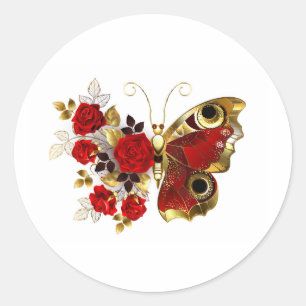 Sticker Rond Papillon de fleurs rouges aux roses rouges