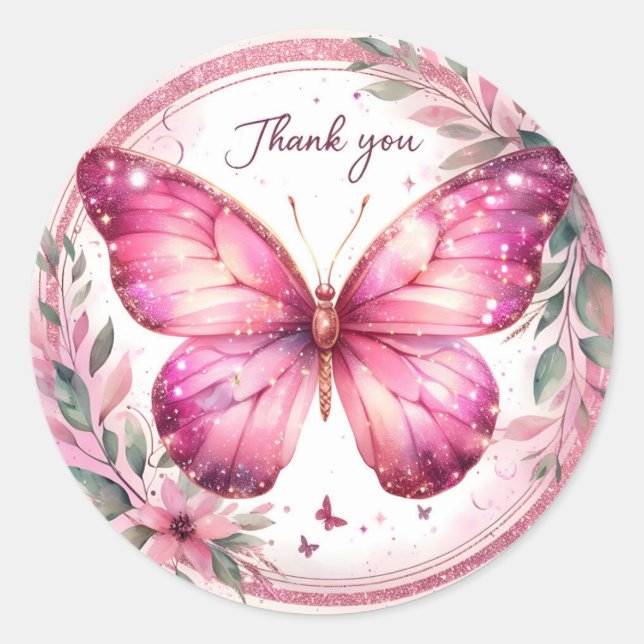 Sticker Rond Papillon de Parties scintillant rose floral - Merc (Devant)