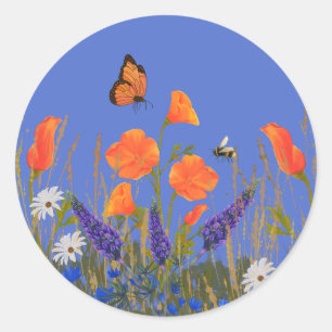 Sticker Rond Papillon de prairie fleur sauvage