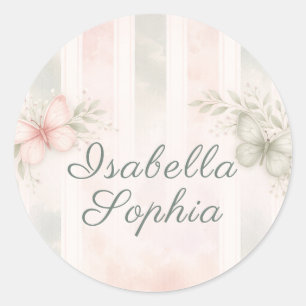 Sticker Rond Papillon de sauge rose bébé en fleurs aquarelle